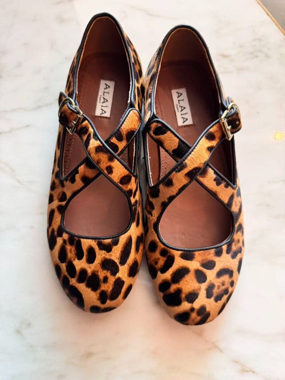 ALAÏA Leopard Print Crisscross Mary Jane Flats EU 38